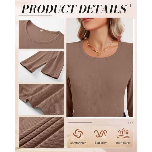 3 Pack Women's Ribbed Long Sleeve Tops, Crew Neck Slim Fit Undershirts Knit Basi - Picture 5 of 5